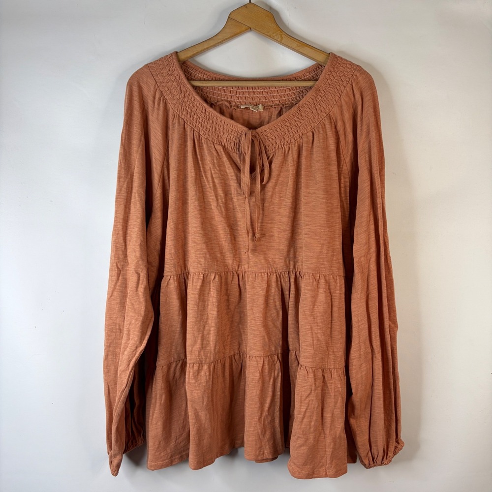 ODDI Tiered Babydoll Top Women 2XL Terracotta Tie Neck Long Sleeve Cotton